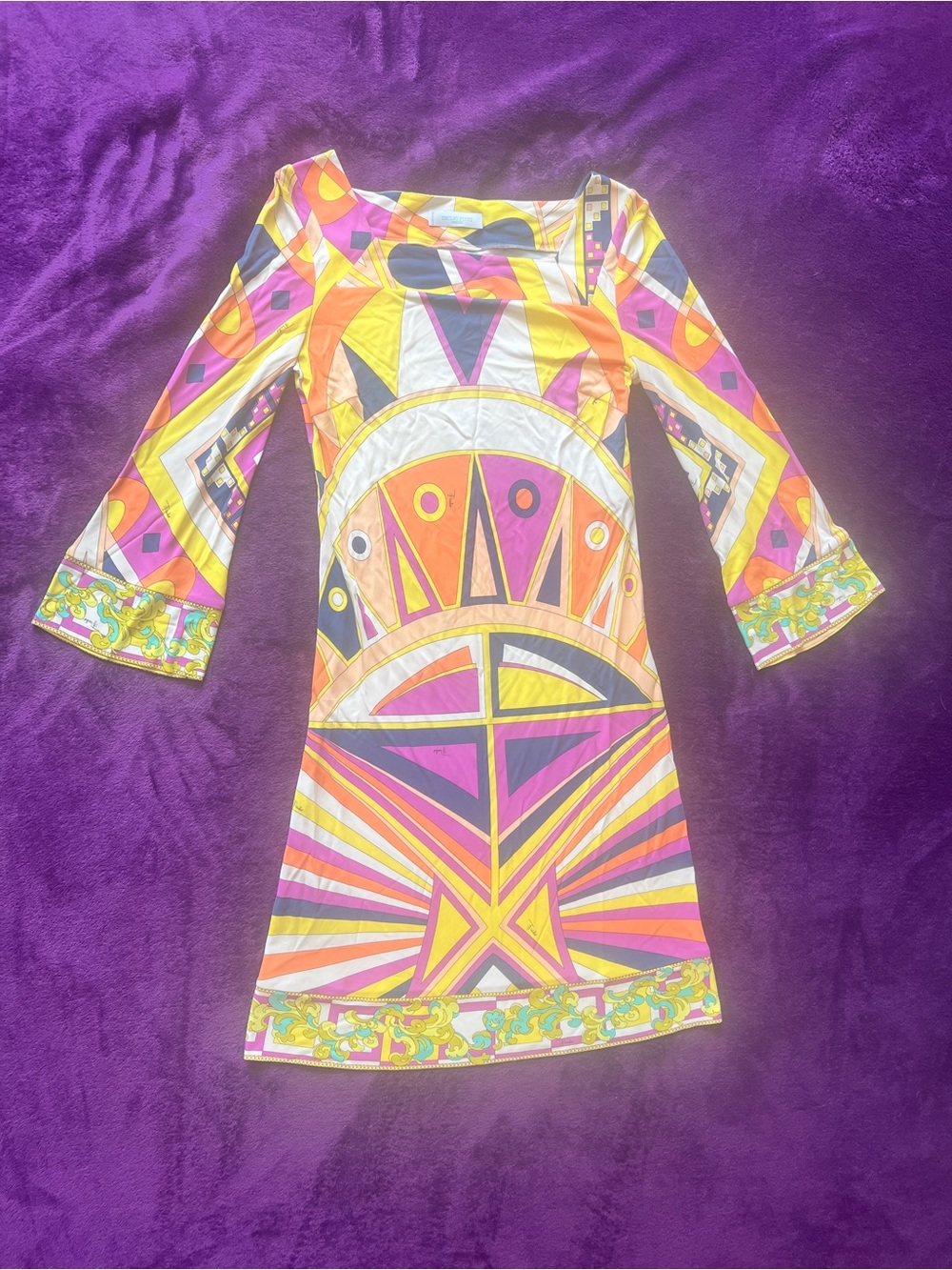 Emilio Pucci Multicolor Geometric Mini Dress with 3/4 Bell sleeves SIZE US 4
